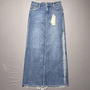 Alice + Olivia Marissa Maxi Denim Skirt 26 High Rise Side Slit Blue Raw Hem Fray